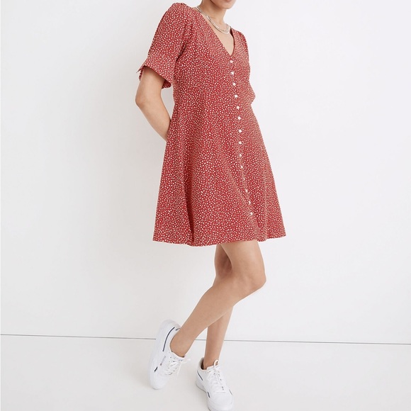 Madewell NWT Size 8 Silk Button Front Mini Dress Park Picnic Red Floral - Picture 5 of 5